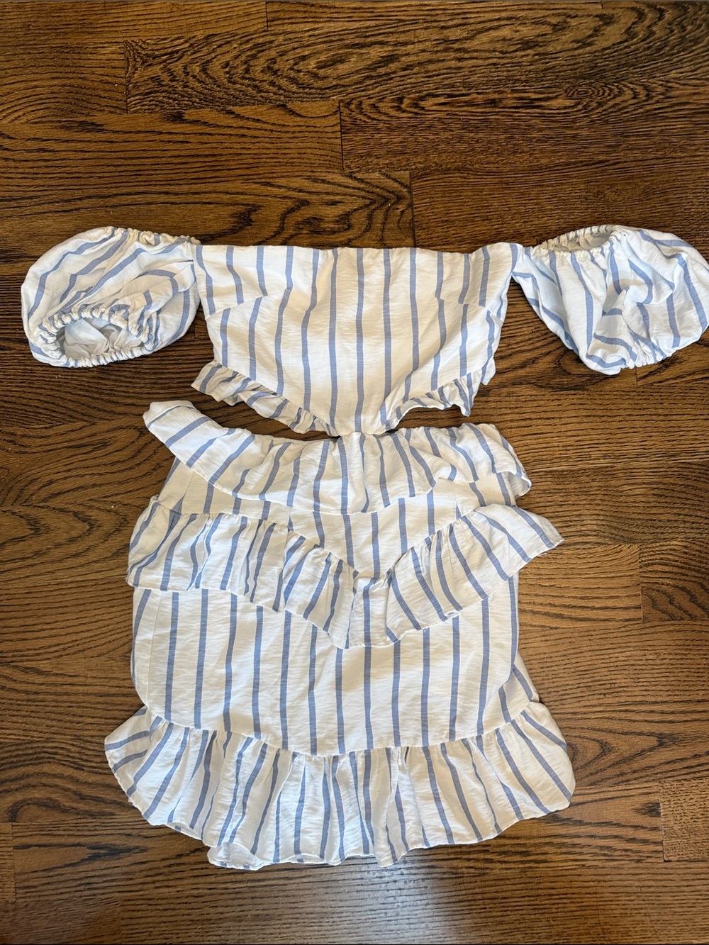 Sabo Skirt White and Light Blue Striped Off-Shoulder Ruffle Mini Dress